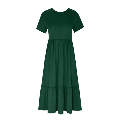 Women's Round Neck Pleated Solid Colour Dress