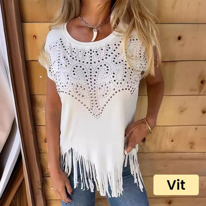 💕Women's Solid Colour Short Sleeve T-shirt With Hot Print And Frayed Hem