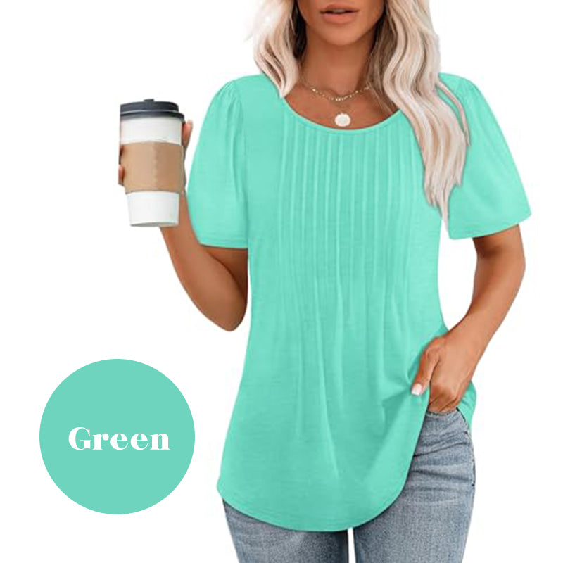 Women's Summer Round Neck Short Sleeve Pleated T-Shirt