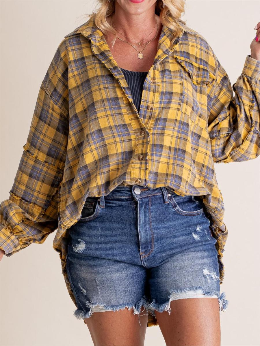 Women's Mineral Washed Button Down Plaid Shirt