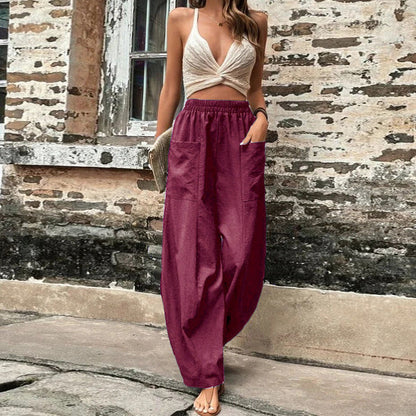 Women's Solid Colour Trousers With Elastic Waist and Pockets – Perfect for Everyday Wear