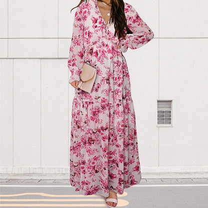 Women's Floral V-Neck Long Sleeve Flowy Dress