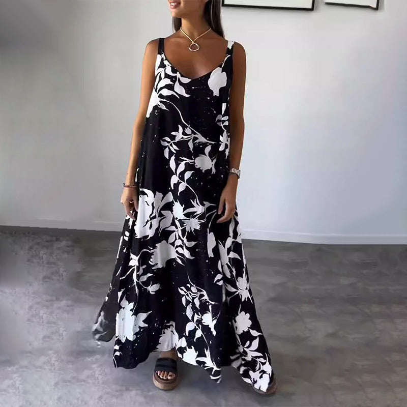 Women's Floral Spaghetti Strap Sleeveless Backless Flowing Dress