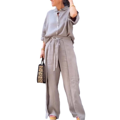 Solid Color Lapel Top Drawstring Pants 2-Piece Set