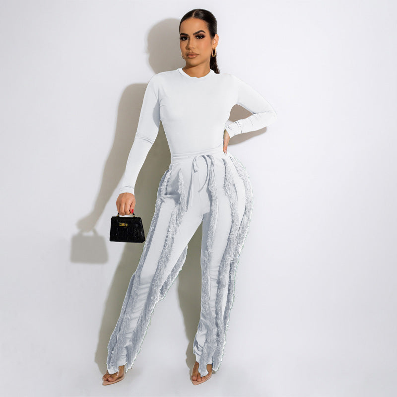 Women 2 Piece Casual Long Sleeve High Waist Tassel Fringe Outfits Jumpsuit Set