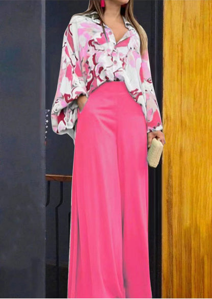 Women's Floral Shirt and Wide Legged Trousers with High Waist (1 Set)