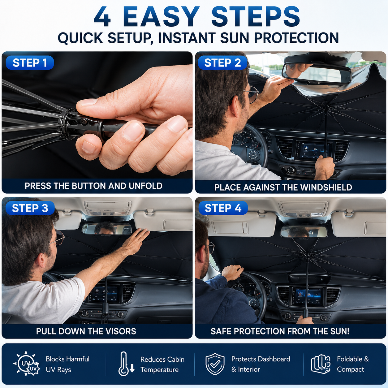 ☀️Car Sunshade – Effective Heat Insulation, UV Block & Easy Foldable Auto Windshield Protector