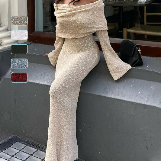 💃Open Shoulder Long-Sleeve Knit Bodycon Dress