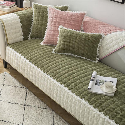 Corduroy Colour Block Non-slip Couch Cover with Lace