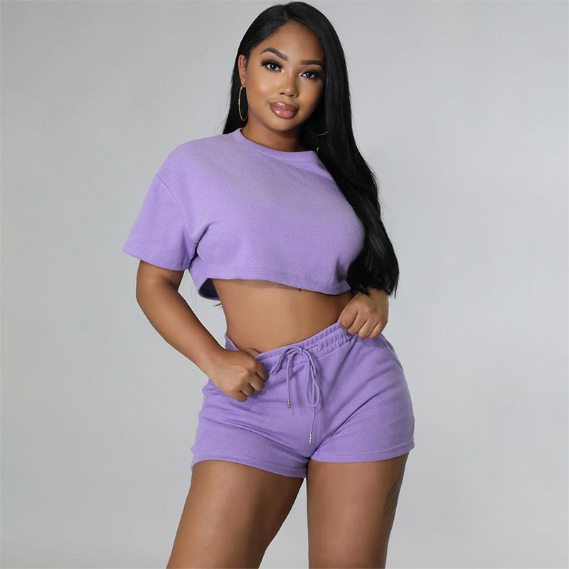 Women's 2 Piece Outfits, Round Neck Top & Drawstring Shorts