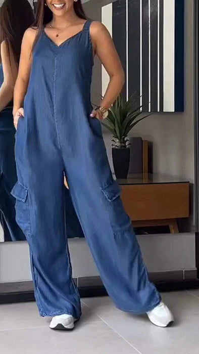 Thin Denim Cargo Pocket V-neck Jumpsuit