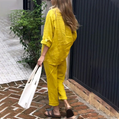 Casual Solid Color V-Neck Shirt & Pants Cotton Linen Two-Piece Set
