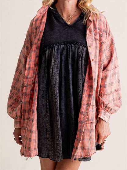 Women's Mineral Washed Button Down Plaid Shirt