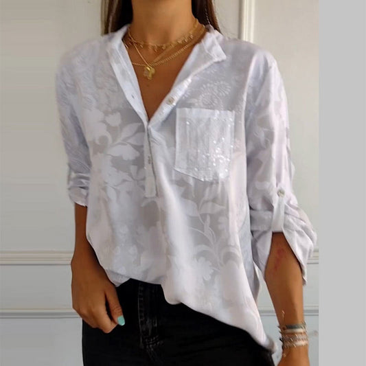 Women's Casual Lapel Printed Top with Adjustable Sleeves