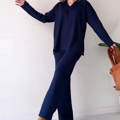 V-Neck Casual Slit Knitted Two-Piece Set