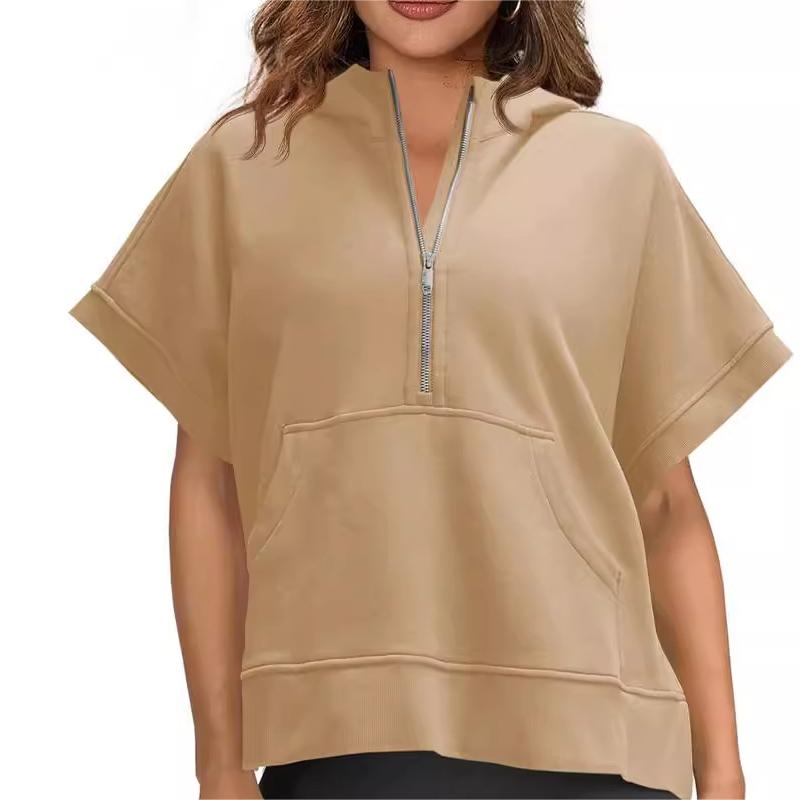 Oversized Casual Half Zip Short Sleeve Pullover Tops with Pockets