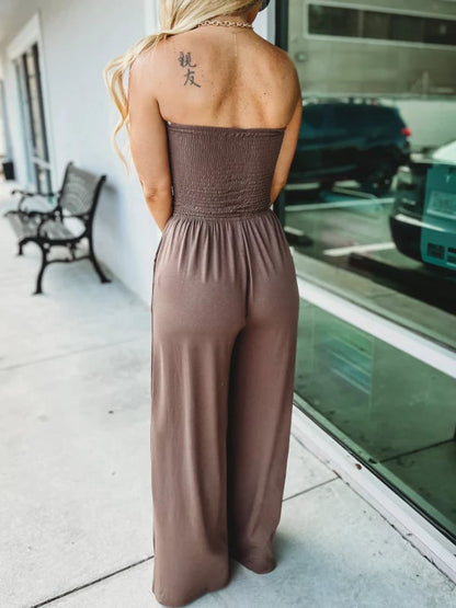 Off Shoulder Solid Color Smocked Jumpsuit