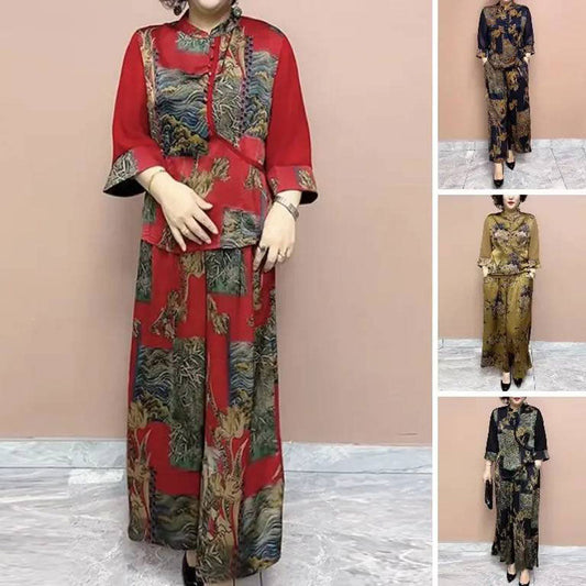 Plus Size Flowy Fashion Printed 2-Piece Set for Middle-aged Women