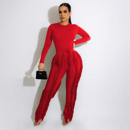 Women 2 Piece Casual Long Sleeve High Waist Tassel Fringe Outfits Jumpsuit Set