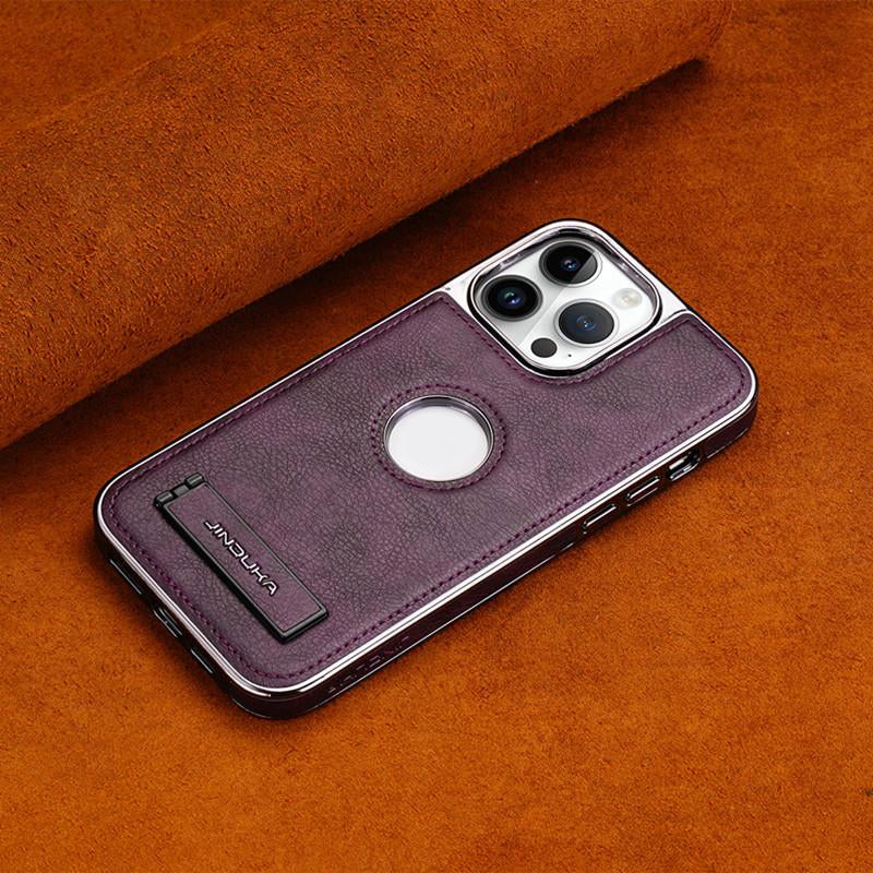 Invisible Stand Phone Case With Electroplated Bezel And Leather Protector