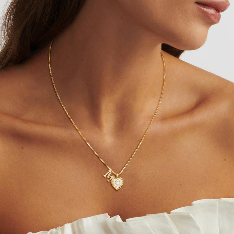 Heart Shaped Letters Micro Pave Chain Necklace – Initial Pendant, Titanium Steel, Adjustable ✨