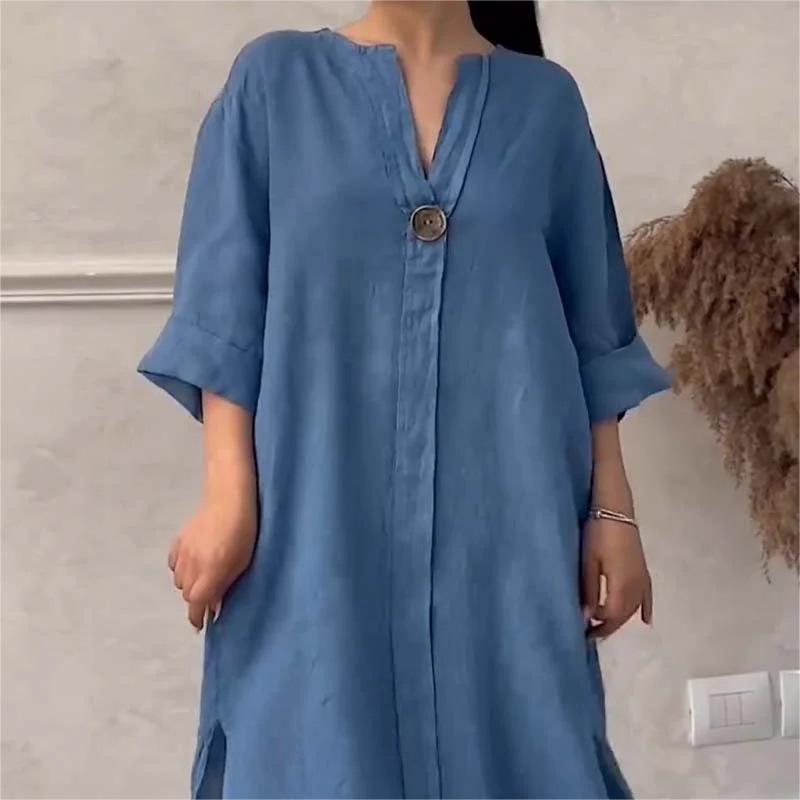 Casual Breathable 3/4 Sleeves V Neck Solid Color Dress