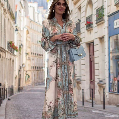 Elegant V-Neck High Waist Buttoned Floral Dress