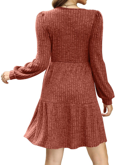 💖 Women's Square Neck Lantern Sleeve Ribbed Dress|Glow in Autumnal Elegance!🍁