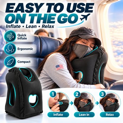 Inflatable Ergonomic Hollow-Cutout Travel Pillow – PVC Flocking, Quick Inflate, With Storage Bag ✨