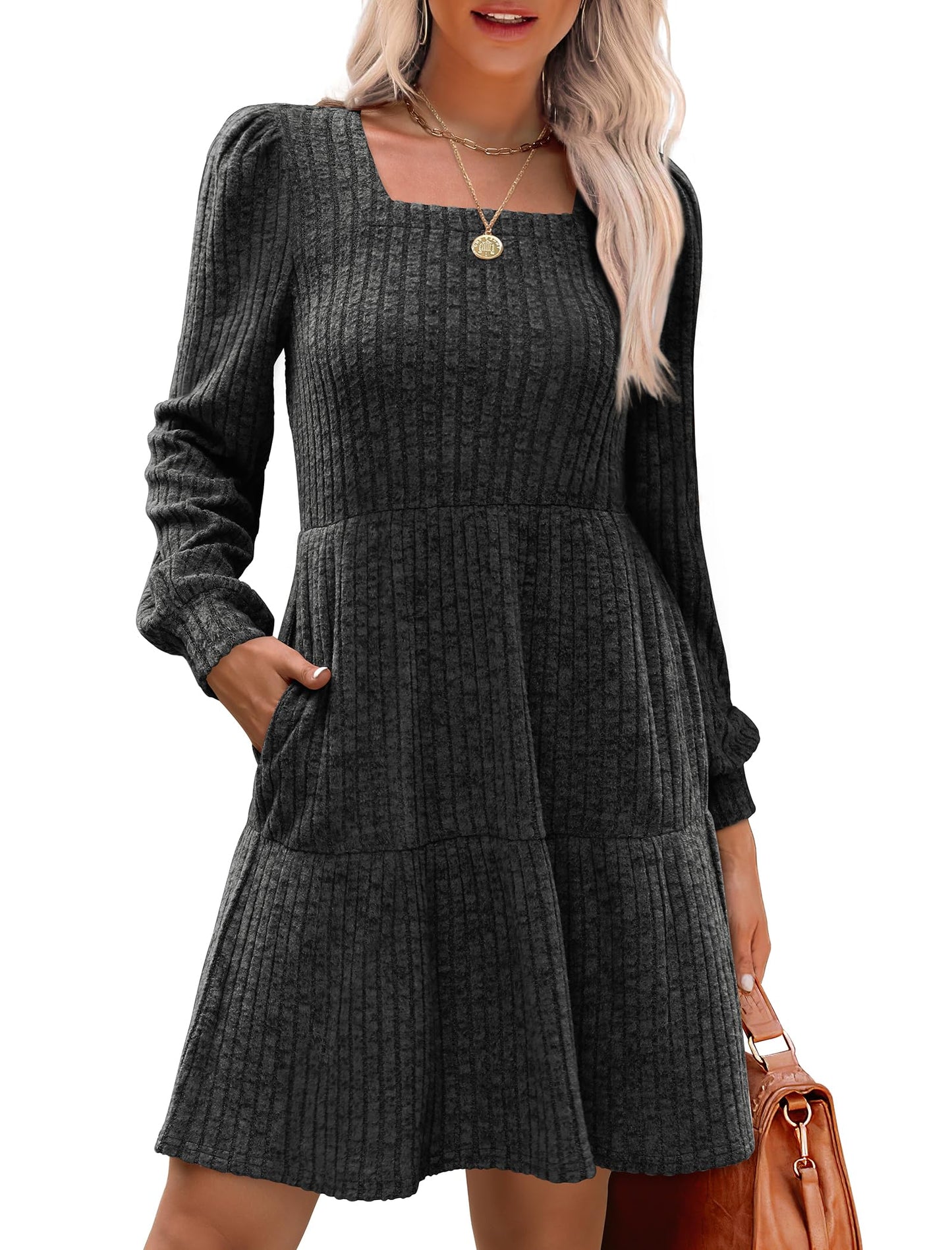 💖 Women's Square Neck Lantern Sleeve Ribbed Dress|Glow in Autumnal Elegance!🍁