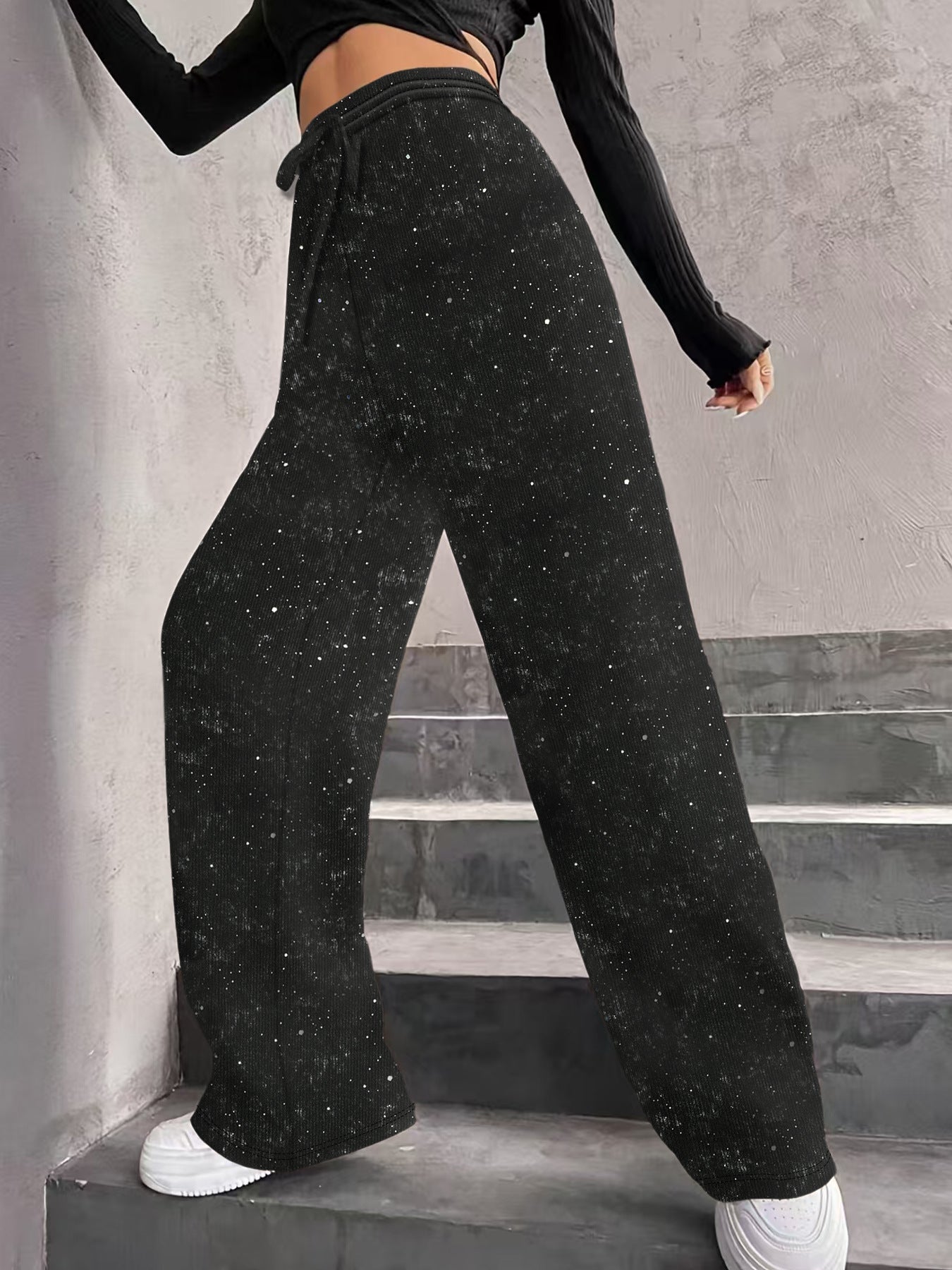 Women's Sequin Sparkle Wide Leg Pants with Elastic Waistband
