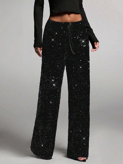 Women's Sequin Sparkle Wide Leg Pants with Elastic Waistband