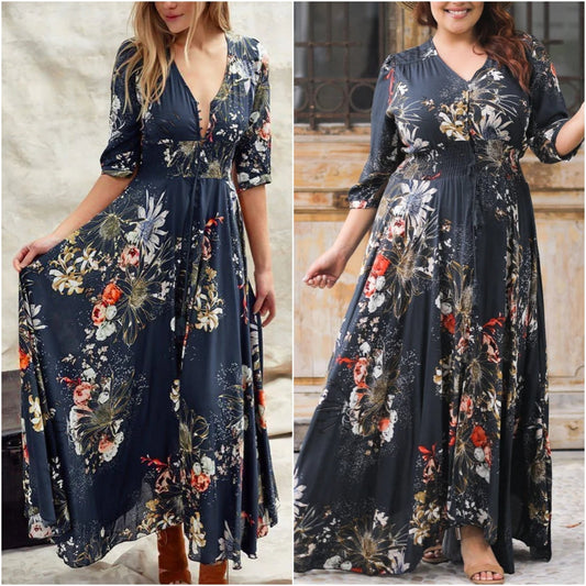 🔥2024 Hot Sale💃 V-Neck Elegant Floral Print Maxi Dress