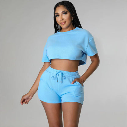 Women's 2 Piece Outfits, Round Neck Top & Drawstring Shorts