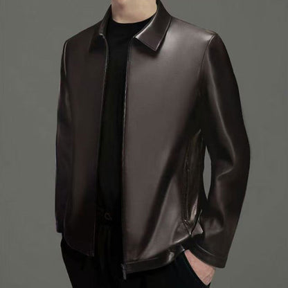 Men's Classic Leather Jacket with Zipper Front