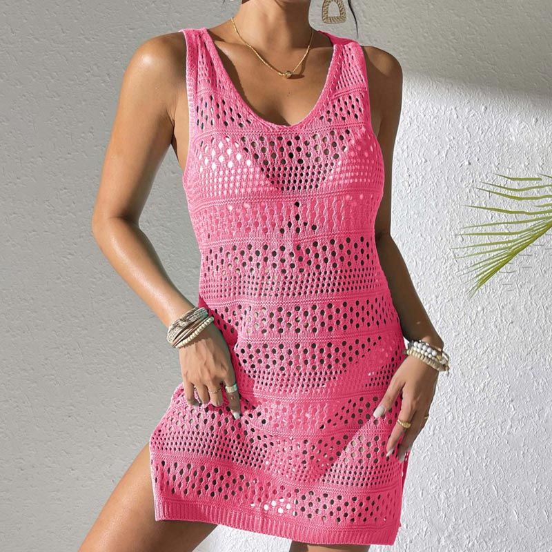 Women’s Elegant Knitted Hollowed Beach Dress In Solid Color