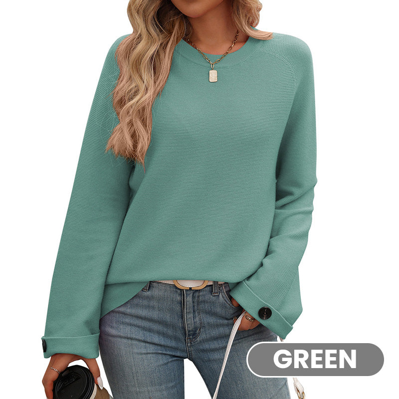 Women's Round Neck Long-Sleeve Sweater with Button Detail