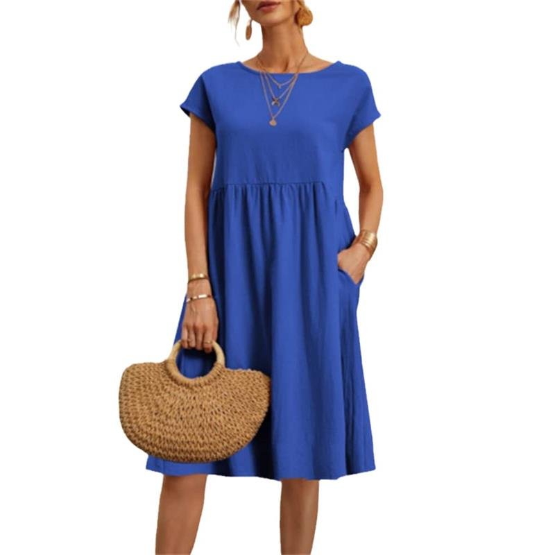 Fashion Solid Color Cotton Linen Pocket Dress