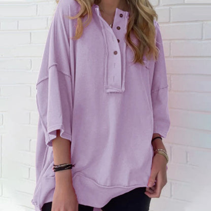 Solid Color Loose Fit Casual Half-Button Top