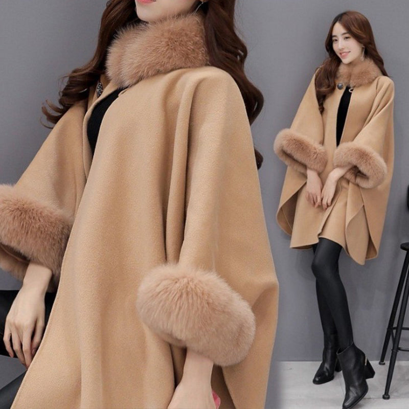 [Best Gift for Her] Elegant Solid Color Faux Fur Collar Loose Poncho Coat