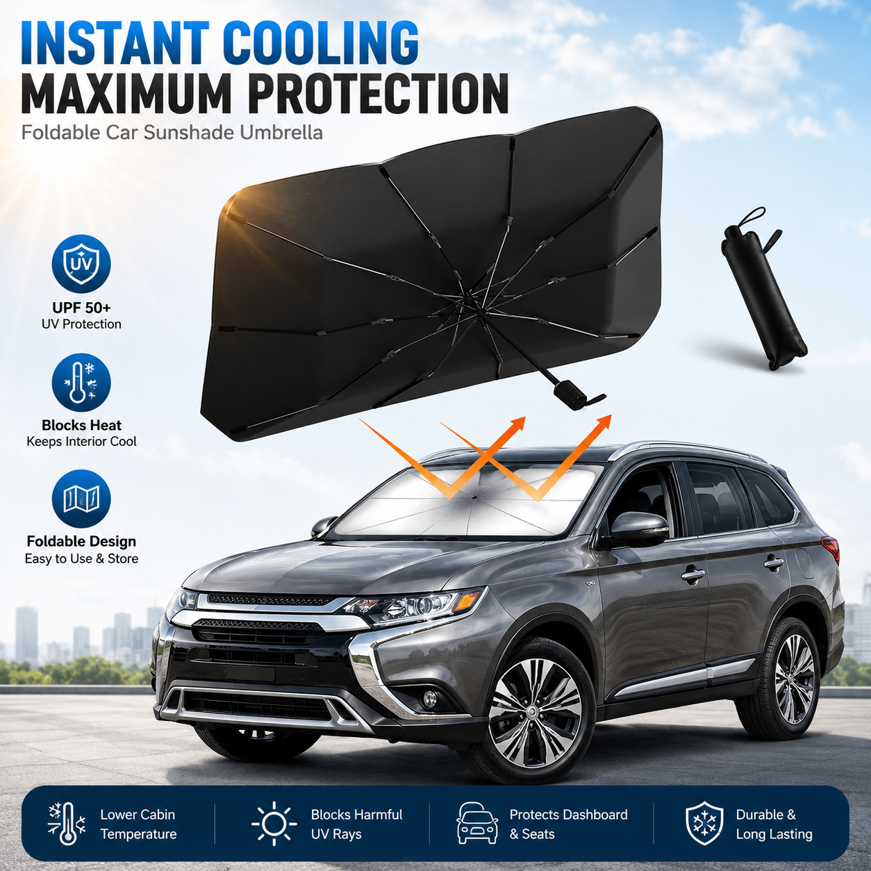 ☀️Car Sunshade – Effective Heat Insulation, UV Block & Easy Foldable Auto Windshield Protector