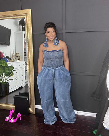 Denim wide leg jumpsuit