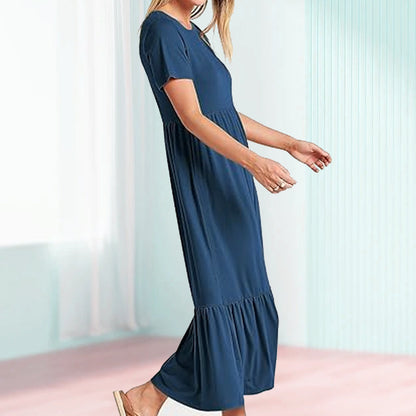 Women's Round Neck Pleated Solid Colour Dress