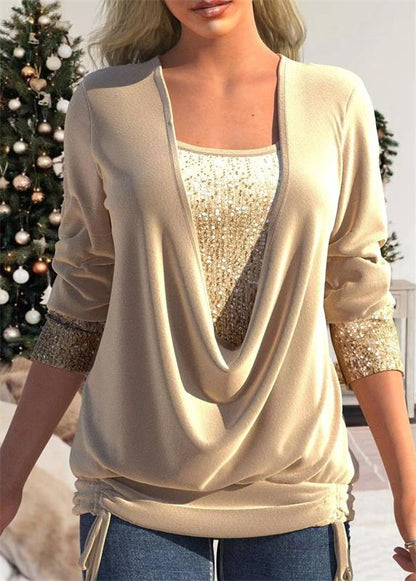 ✨👗Sequin Loose Smocked Fake Two-Piece Top Stylish and Versatile, Comfortable and Shapely, Exudes Elegant Feminine Charm!
