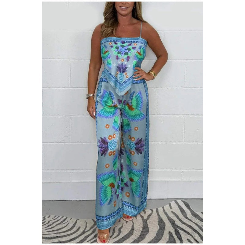 Spaghetti Strap Printed Top & Loose Women's Pants 2-Piece Set