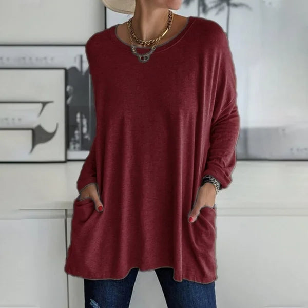 Round Neck Long Sleeve Loose Pocket Solid T-Shirt