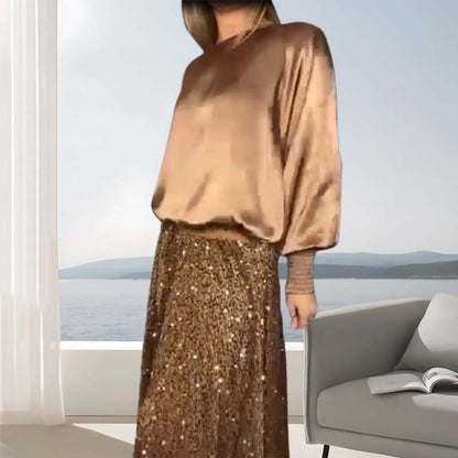 🔥Women's Long Sleeve Top & Sequin Maxi Skirt Two-Piece Set