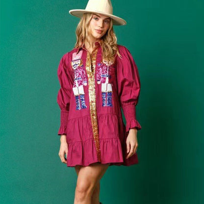 Nutcracker Sequin Button-Down Long Sleeve Mini Dress