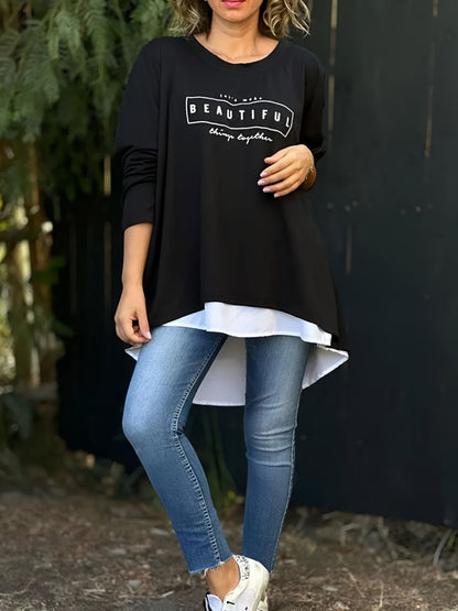 Letter Print Fake Two Piece Long Sleeve T-shirt