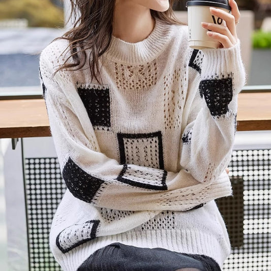 Women's Color Block Plaid Print Knitted Pullover Sweaters